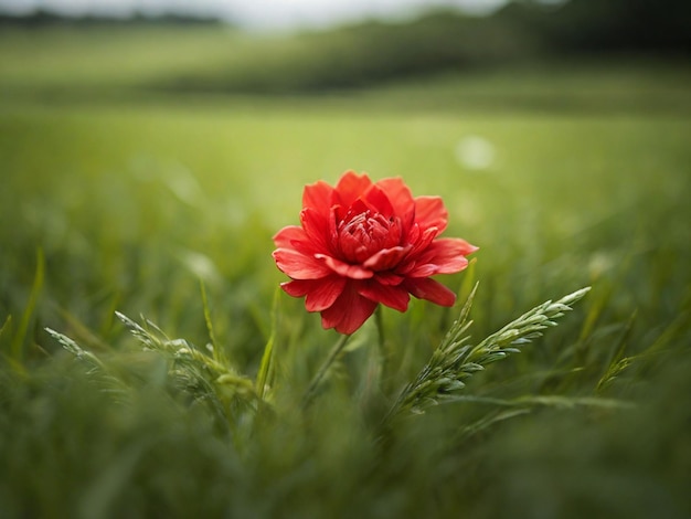 tilt shift foto van een rode bloem op groen gras Leonardo Ai