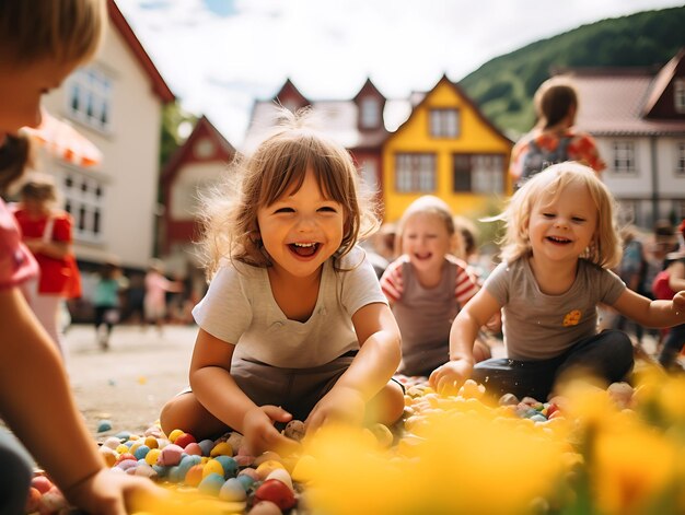 Tilt Shift Foto van spelende kinderen Gelach vult de lucht als kinderen middeleeuws oud creatief idee