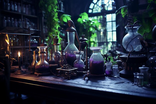 Photo tilt shift photo of alchemists laboratory revealing the mysterious worl medieval old creative idea