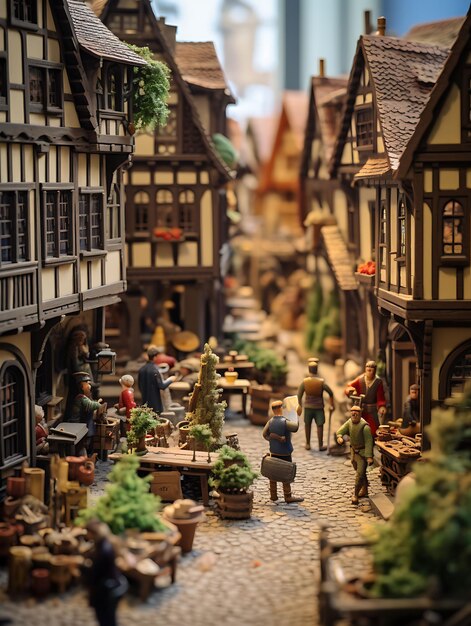 Photo tilt shift photo of merchant haggling alley traders and customers negot medieval old creative idea