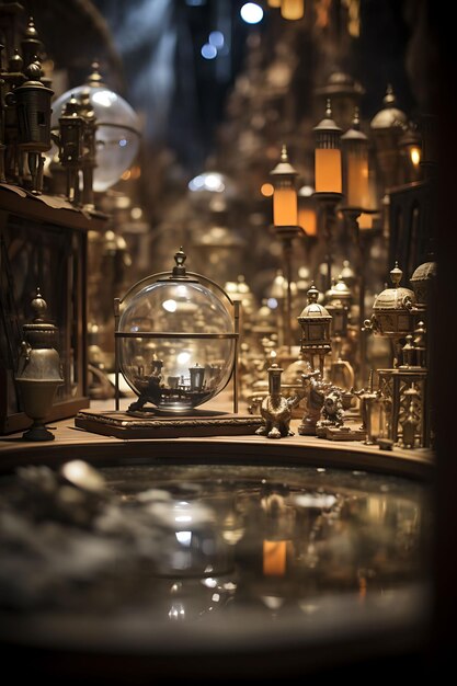 Photo tilt shift photo of mirror and glass vendor presenting a collection of medieval old creative idea