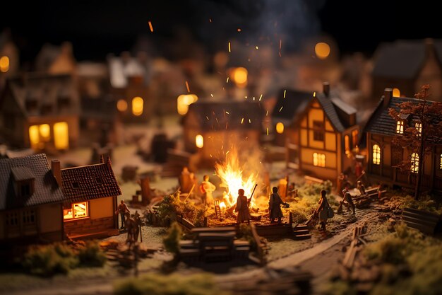 Tilt shift photo of a village bonfire capturing the essence of communal medieval old creative idea