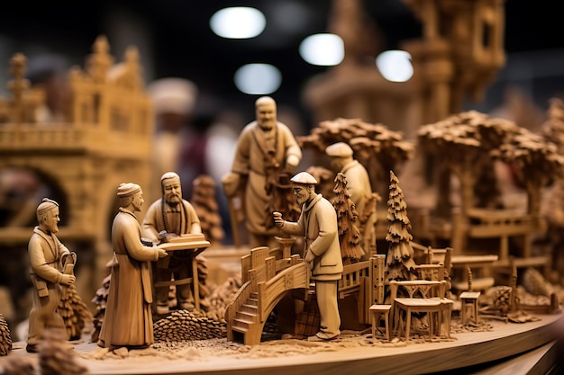 Tilt shift photo of woodcraft and carvings fair artisans showcasing car medieval old creative idea