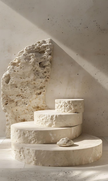 Photo tilted hendecagonal travertine product stand with a natural and por creative layout concept idea
