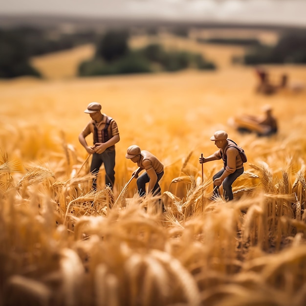 Tiltshift landscape photoshoot style with workers and beauty scene creative and unique farm