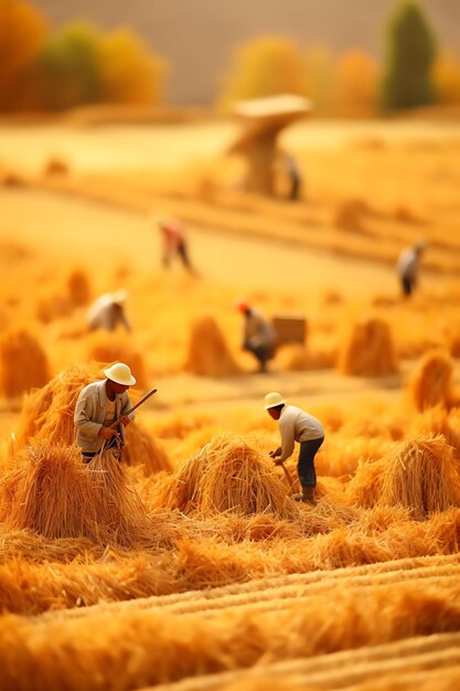 Tiltshift landscape photoshoot style with workers and beauty scene creative and unique farm