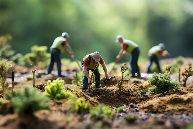 Tiltshift landscape photoshoot style with workers and beauty scene creative and unique farm