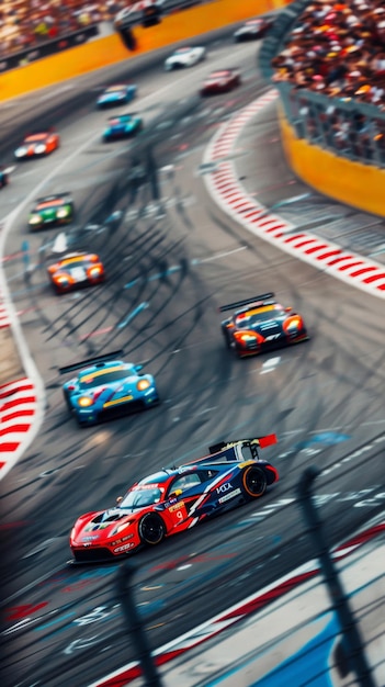 Tiltshift photography freezes a moment in a sports car race highlighting the energy of the competitive event