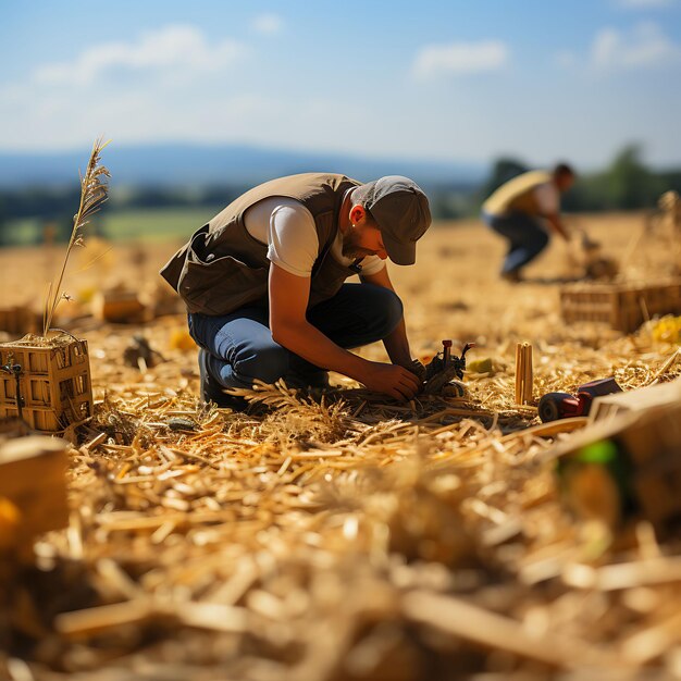 Tiltshift photoshoot beauty and creative of a farmer harvesting wheat in a field