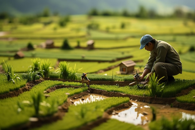 Tiltshift photoshoot beauty and creative of a farmer working in rice paddy fields