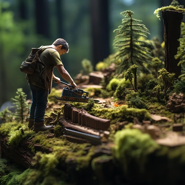 Tiltshift photoshoot beauty and creative of a logger cutting trees with a chainsa