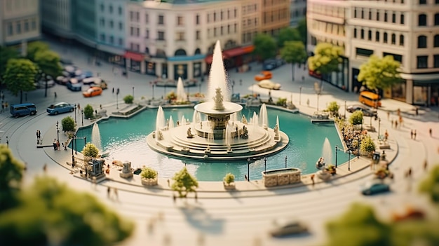 Tiltshift scene withcity fountain which gives impression water has turned into brilliant stream