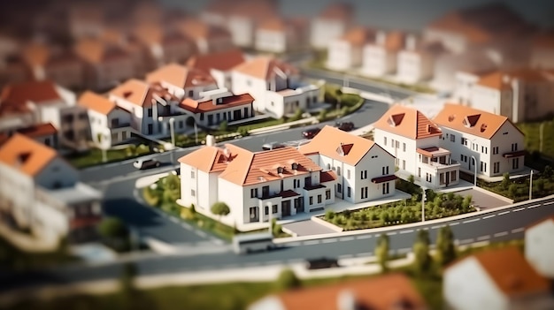 Tiltshifted suburban town amidst lush greenery with realistic details and a focus on the quaint houses