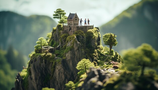 Photo tiltshifttwo people climbing mountaincineme lightminiaturehighly detailed castle on a miniature