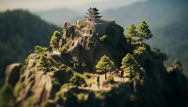 Tiltshifttwo people climbing mountaincineme lightminiaturehighly detailed castle on a miniature