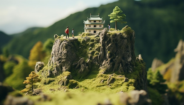 Tiltshifttwo people climbing mountaincineme lightminiaturehighly detailed castle on a miniature