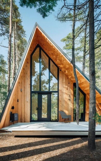 Timber frame house with garlands building exterior view through trees