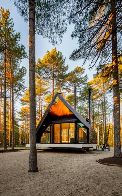 Timber frame house with garlands building exterior view through trees