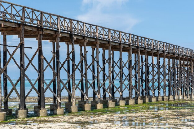 Timber piles of wooden bridge close-up during ocean low tide. Coast of island Zanzibar, Tanzania, East Africa