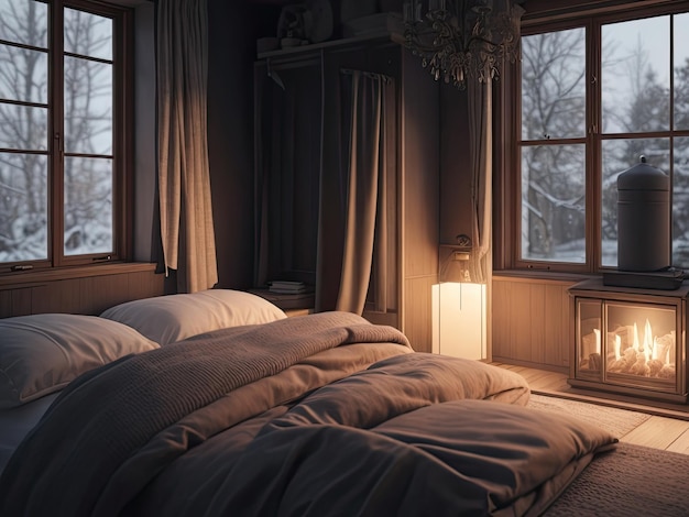 Photo timbered tranquility cozy winter bedroom in a wooden dwelling