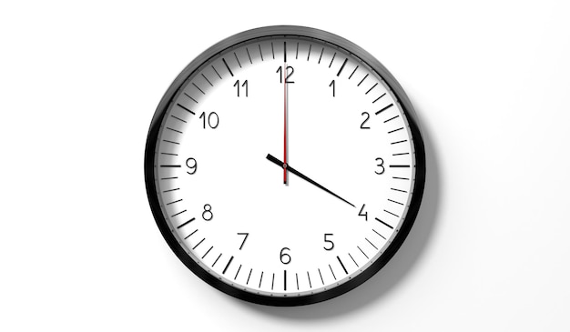 Time at 4 o clock classic analog clock on white background 3D illustration