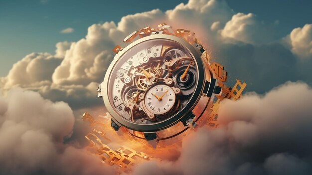 Photo time in the celestial sky atmospheric sun and clouds reflect on wall clock