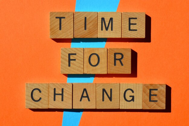 Photo time for change words in wooden alphabet etters isolated on background