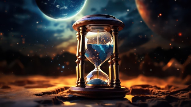 Концепция времени Песочные часы на планетарном фоне