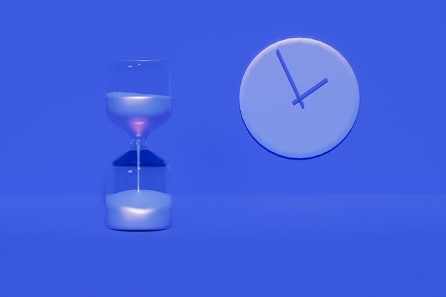 Концепция времени Песочные часы Песок проходит сквозь время, проходящее на пастельно-голубом фоне