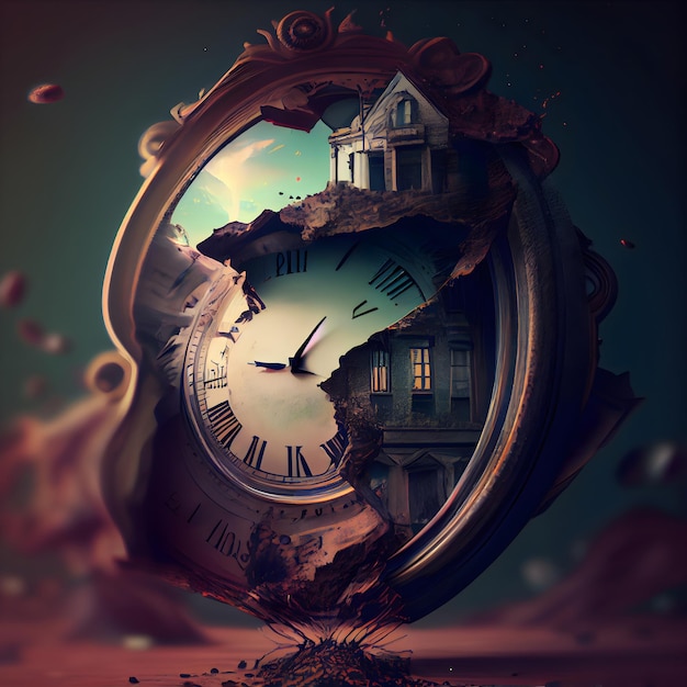 Time concept Old vintage clock and old house 3D rendering