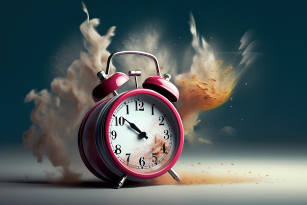 Time concept red retro alarm clock breaking apart by explosion into cloud of dust blue background