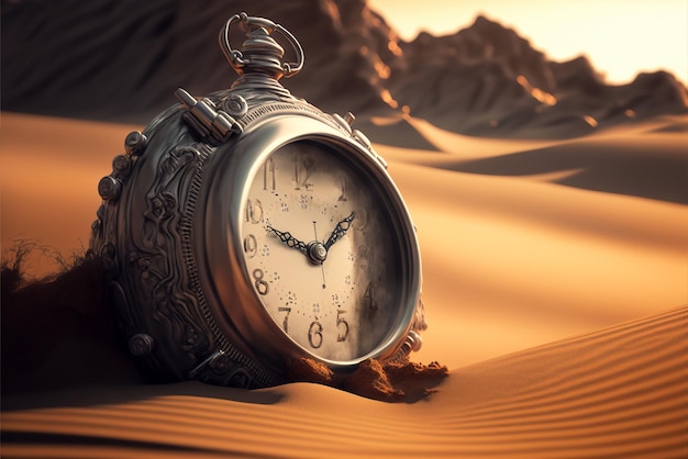 Time concept vintage clock in desert surreal landscape with sand and old clock generative AI