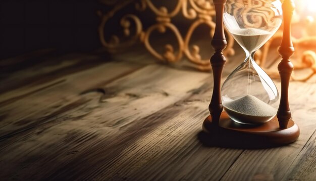 Photo time concept with hourglass on the table with copy space