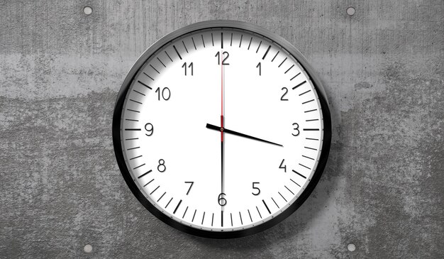 Time at half past 3 o clock classic analog clock on rough concrete wall 3D illustration