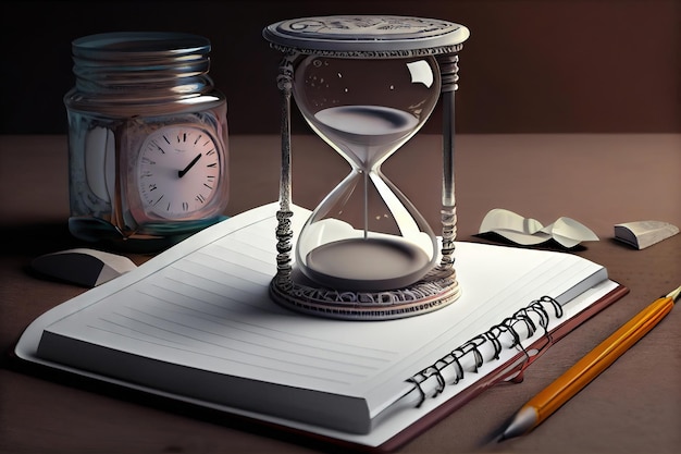 Time is the Essence Hourglass Notebook and Pen on Table Generative AI