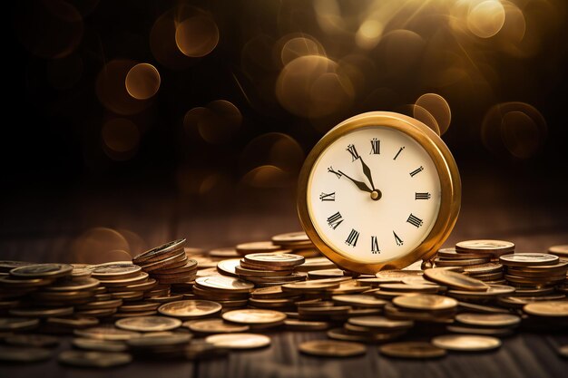 Time is money concept Clock and coins on wooden table