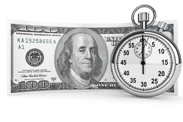 Time is money concept. One hundred dollars and Stopwatch on a white background