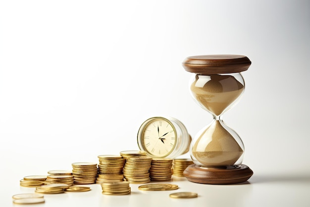 Time is money concept with hourglass and coins on white background Time is money concept with hourglass and gold coins on white background AI Generated