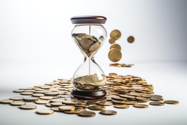 Time is money concept with hourglass and gold coins on white background Time is money concept with hourglass and gold coins on white background AI Generated