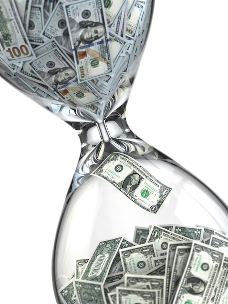 Time is money. inflation. hourglass and dollar. 3d