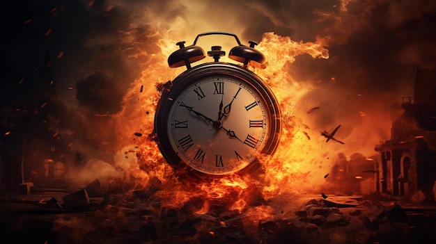 Time is running out concept shows clock that is burning up with flames and smoke