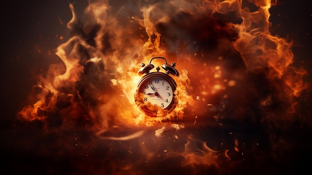 Time is running out concept shows clock that is burning up with flames and smoke