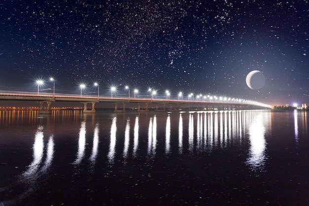 Time laps view of the Bridge over the Dnieper River in Dnipro City in late spring in early spring thick clouds