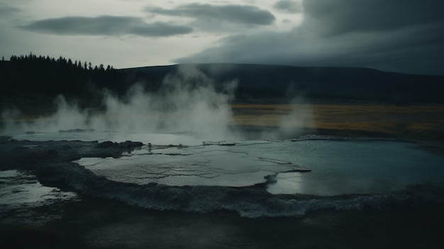 A time lapse of clouds over a geyser