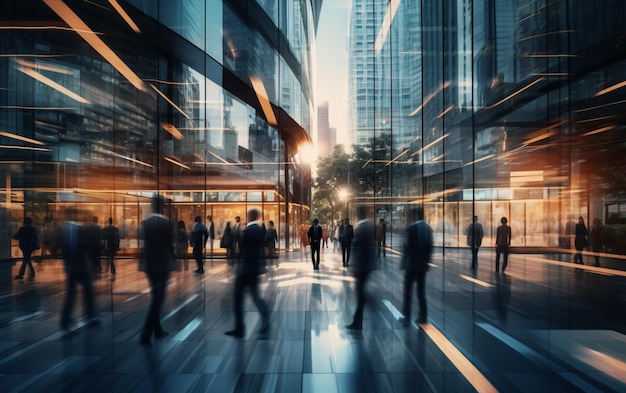 Time-lapse-fotografie van snel bewegende drukke zakenlieden die reflecteren in het glas van het gebouw