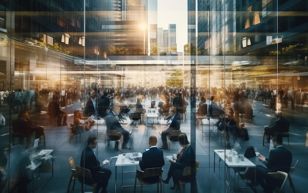 Time-lapse-fotografie van snel bewegende drukke zakenlieden die reflecteren in het glas van het gebouw