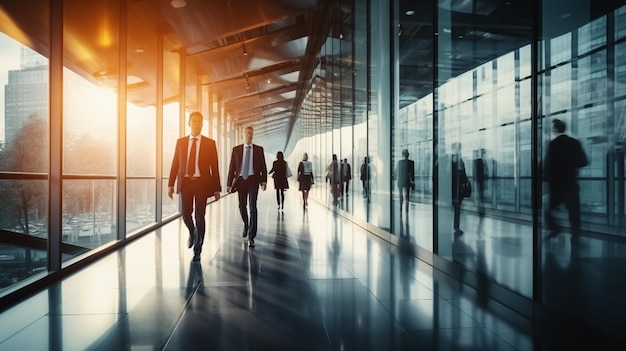 Time lapse image of busy business people on glass