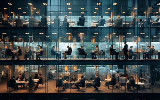 Замедленная съемка быстро движущихся занятых бизнесменов, отражающихся в стекле здания