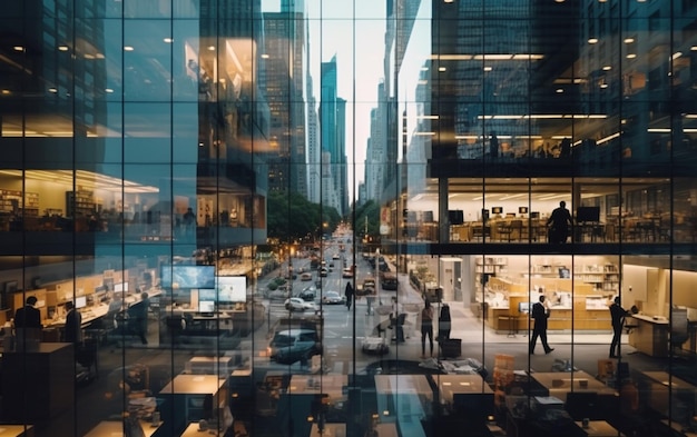 Time lapse photography of fast moving busy businessmen reflecting in glass of building
