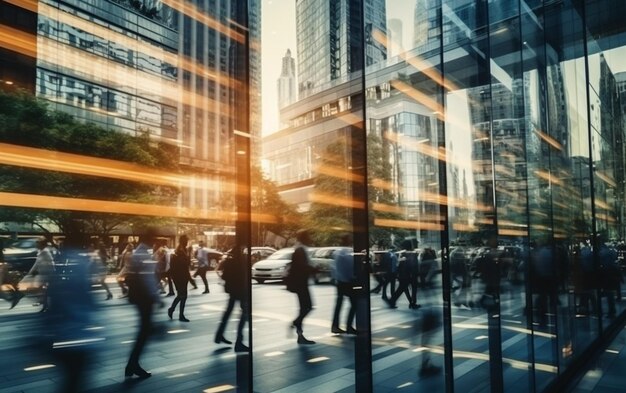 Time lapse photography of fast moving busy businessmen reflecting in glass of building